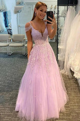 Tulle A-line V-neck Prom Dresses With Lace Appliques, Evening Dress