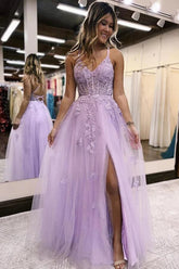 Lilac Tulle A-line V-neck Prom Dresses With Side Slit, Long Formal Dresses