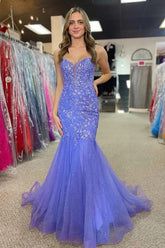 Tulle Mermaid Spaghetti Straps Long Prom Dresses With Appliques
