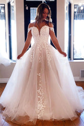 Luxury Tulle A-line Off Shoulder Wedding Dresses With Lace Appliques