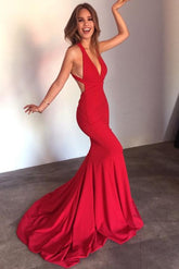 Mermaid Simple Cheap V-neck Backless Long Prom Dresses