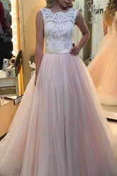 Cheap Pink Tulle A Line White Lace Lace Back Up Long Prom Dresses online