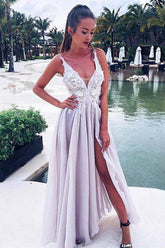 Gray Chiffon Slit Prom Dresses Long Party Dresses with Lace Flowers