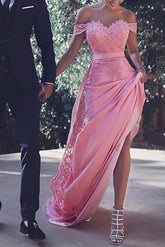 Satin Off Shoulder Cap Sleeves Long Prom Dresses With Appliques,