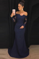 Navy Off the Shoulder Long Sleeves Mermaid Long Prom Dresses Party Dresses