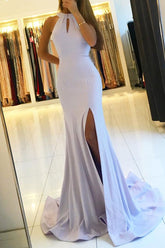 Ligh Backless Mermaid Long Prom Dresses with Side Slit, Party Dresses,