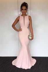 Pearl Round Neck Open Back Mermaid Prom Dresses with Sweep Train, MP319