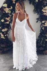 Charming Ivory Lace Floor Length V Neck Long Wedding Dresses on Line