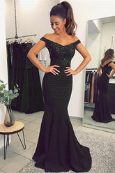 Lace Mermaid V-neck Off Shoulder Prom Dresses with Appliques, Evening Gowns