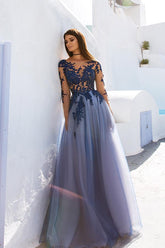 Lace Open Back See Through Long Sleeve Evening Dress, Prom Dresses