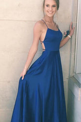 Satin Spaghetti Straps A-line Simple Long Prom Dress, Party Dresses