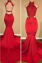 Lace Halter Mermaid Long Prom Dress With Train, Formal Dresses