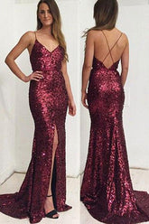 Gorgeous Sequin Mermaid Spaghetti Straps Long Prom Dress with Side Slit