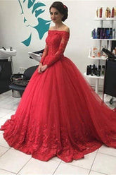 Red Off Shoulder Lace Tulle Long Sleeves Prom Dress Ball Gown Wedding Dresses