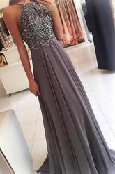 Grey Chiffon Halter Beaded Long Prom Dresses Formal Dress for Girls