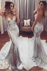 Silver Sequined Mermaid V neck Backless Long Prom Dresses, Evening Dress
