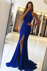 Open Back Halter Mermaid Side Slit Long Prom Dresses