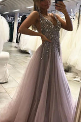 Tulle Beaded Side Split Sleeveless Long Prom Dresses, Party Dress