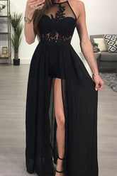 Popular See-through Chiffon A-line Black Halter Long Prom Dresse with Slit