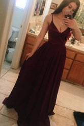 Simple A-line V Neck Spaghetti Straps Floor Length Prom Dresses