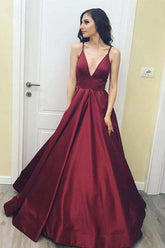 Burgundy Floor Length Simple V Neck Long Prom Dress, Evening Dresses