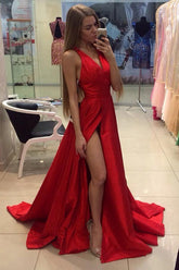 Simple Red A-line V Neckline Side Slit Long Prom Dress with Sweep Train