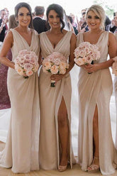 Simple Sheath Long Bridesmaid Dresses with Slit, Cheap Bridesmaid Dresses