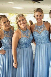 Cheap Blue Chiffon Halter Lace Beaded Long Bridesmaid Dresses Online