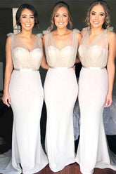 Mermaid Sweetheart Grey Sweep Train Elastic Satin Long Bridesmaid Dresses