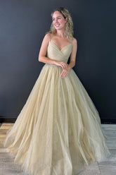 A line V Neck Glitter Tulle Prom Dress with Lace up Back