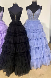 Beaded Spaghetti Strap Ruffle Tiered Ball Gown