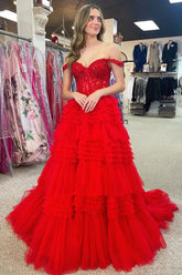 Tulle Off-the-Shoulder Ruffle Tiered Long Prom Dress
