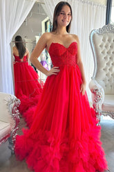 Tulle Appliques Sweetheart Ruffle Long Prom Dress