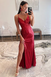 Sequin Plunge V Backless Mermaid Maxi Dress with Slit