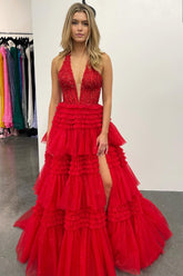 Tulle Appliques Halter Ruffle Tiered Ball Gown