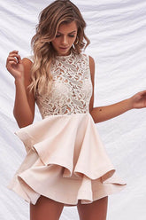 Short Blush Lace Top Cute Junior Homecoming Dresses