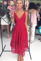 Simple A-Line Red Deep V-Neck Spaghetti Straps Lace Bridesmaid Dresses