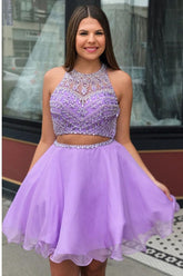 Cheap Short Beadings Purple A-line Homecoming Dresses