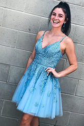 Spaghetti Strap Lace Tulle Light Blue Homecoming Dress Open Back Hoco Dress