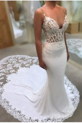 Glamorous Spaghetti-Straps Lace Wedding Dress Mermaid Bridal Gowns,