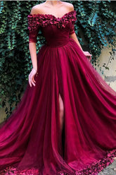 Burgundy Off the Shoulder Half-Sleeve A-line Tulle Long Pom Dresses,