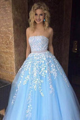 Sky Blue Princess A-line Lace Appliqued Tulle Long Strapless Prom Dresses