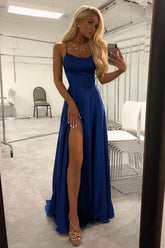 Charming Royal Blue Satin Spaghetti Straps Prom Dresses with Side Slit