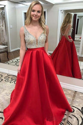 Formal Deep V-Neck Beaded Red Satin Prom Dresses With Pocket