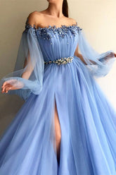Elegant Off the Shoulder Blue Long Sleeves Beaded Side Slit Prom Dresses