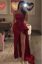 Bateau Sleeveless Ruffle Burgundy Strapless Side-Slit Mermaid Long Prom Dress