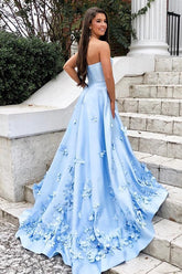 Satin Sweetheart Sky Blue A-line Long Prom Dresses with 3D Floral Applique