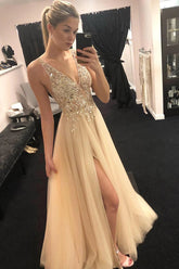 Deep V-Neck Beading Tulle Long Prom Dress,Simple Split Evening Dress