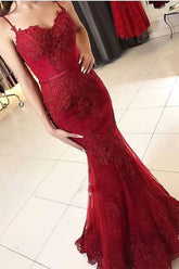 Spaghetti Straps Burgundy Spaghetti Straps Mermaid Long Lace Prom Dress