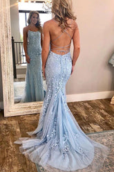 Cute Spaghetti Straps Sky Mermaid Backless Scoop Pageant Prom Dresses